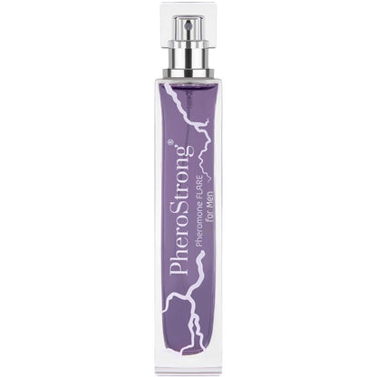 Frasco do perfume PheroStrong Flare Masculino com Feromônios 50 ML, exibindo a embalagem e o design do produto.