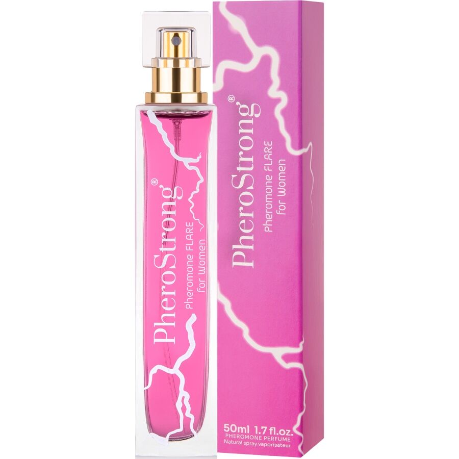 Frasco de perfume PheroStrong Flare com feromônios para mulheres 50ml, exibindo o design elegante da embalagem.