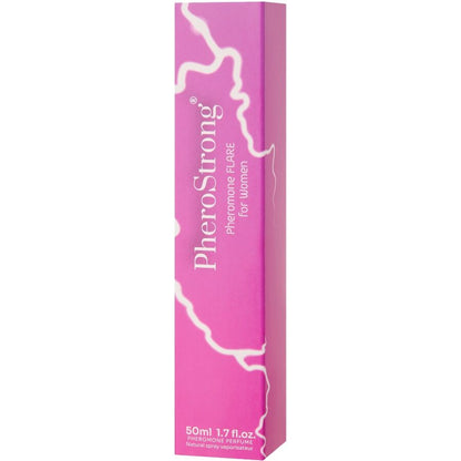 Frasco de perfume PheroStrong Flare com feromônios para mulheres 50ml, exibindo o design elegante da embalagem.