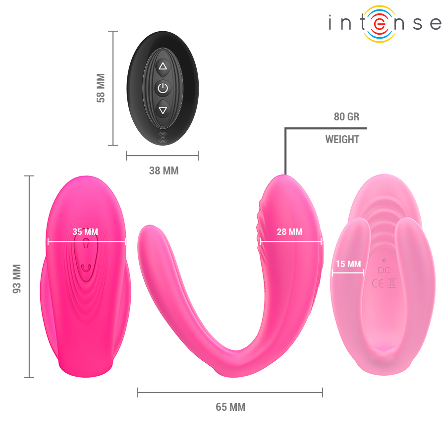 Close-up do vibrador duplo Intense Julia com controle remoto, destacando seu design ergonômico e silicone macio.