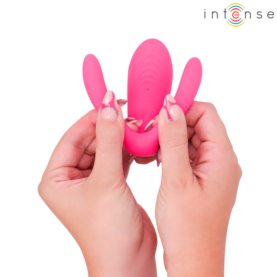 Close-up do vibrador duplo Intense Julia com controle remoto, destacando seu design ergonômico e silicone macio.