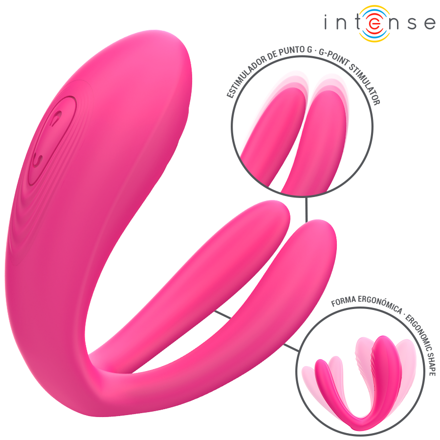 Close-up do vibrador duplo Intense Julia com controle remoto, destacando seu design ergonômico e silicone macio.