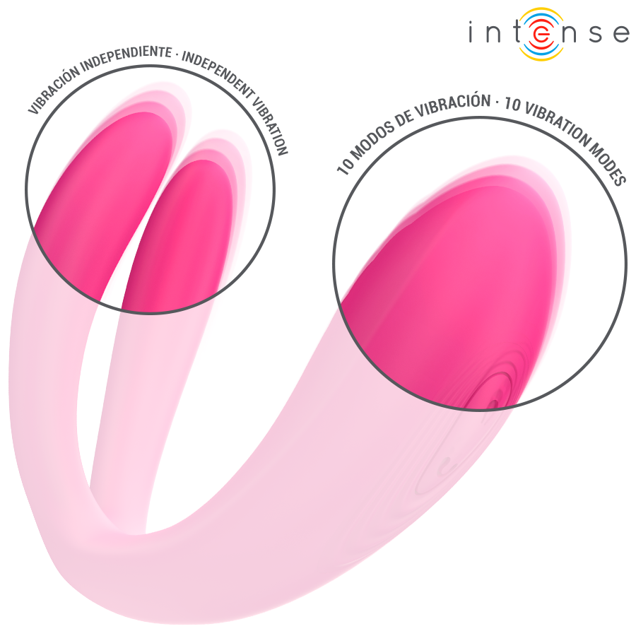 Close-up do vibrador duplo Intense Julia com controle remoto, destacando seu design ergonômico e silicone macio.