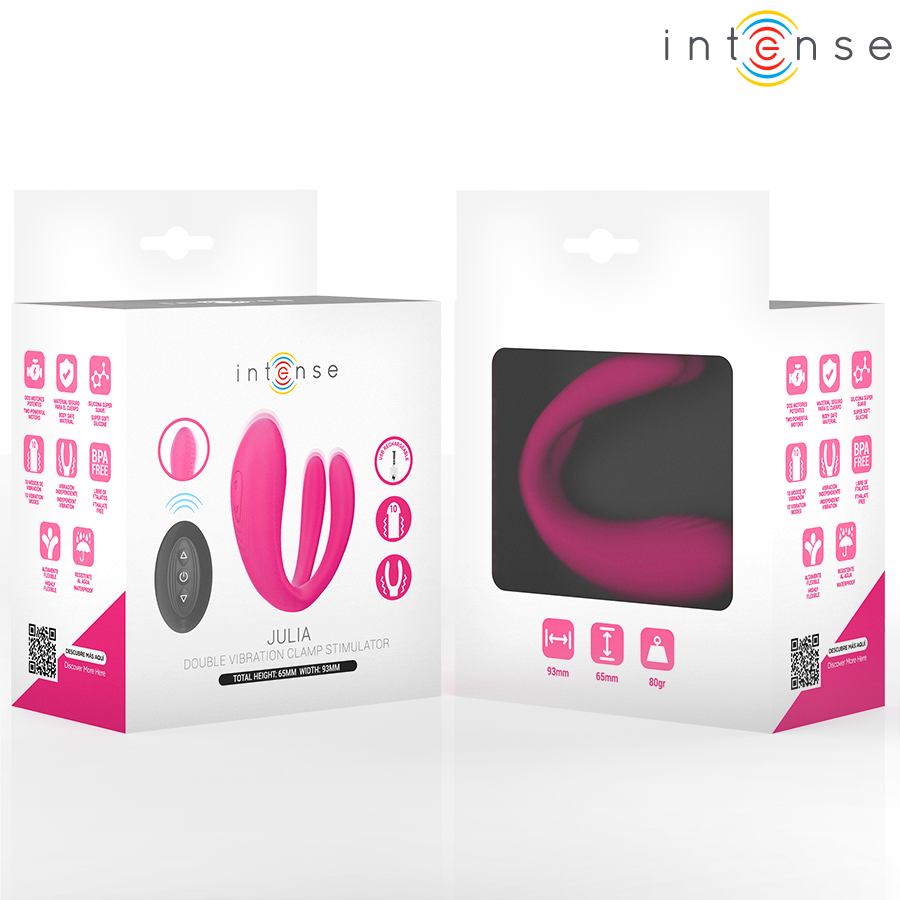 Close-up do vibrador duplo Intense Julia com controle remoto, destacando seu design ergonômico e silicone macio.