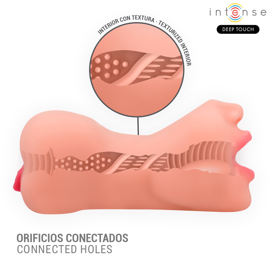 Close-up do masturbador masculino Intense Deep Touch Riley com textura realista de boca e vagina.