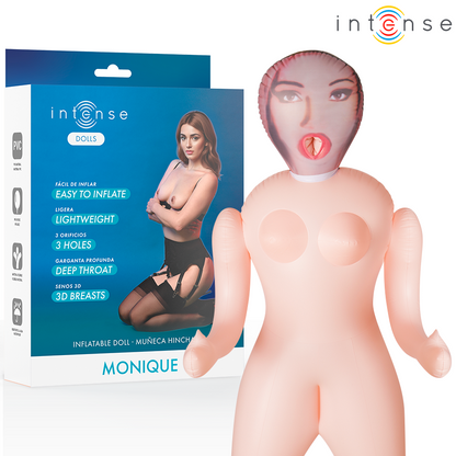 Imagem da Boneca Insuflável Monique da Intense Dolls com três orifícios e seios 3D, mostrando o seu design realista e características principais.