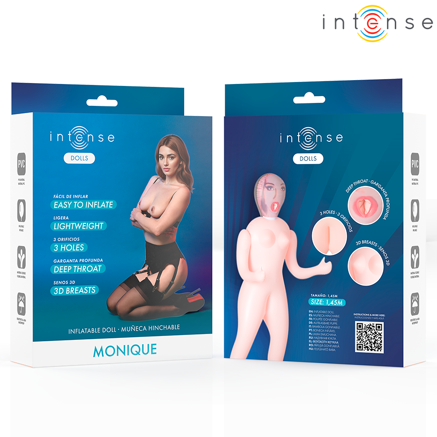 Imagem da Boneca Insuflável Monique da Intense Dolls com três orifícios e seios 3D, mostrando o seu design realista e características principais.