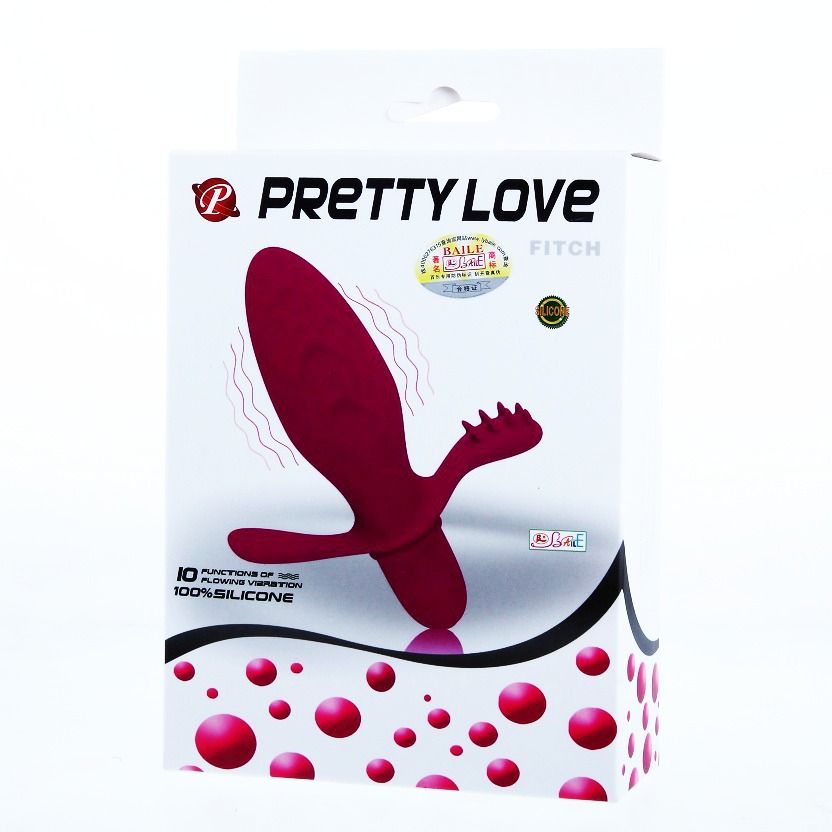 Close-up do Vibrador PRETTY LOVE Fitch, feito de silicone macio, mostrando seu design ergonómico e estimulador clitoriano e perineal.