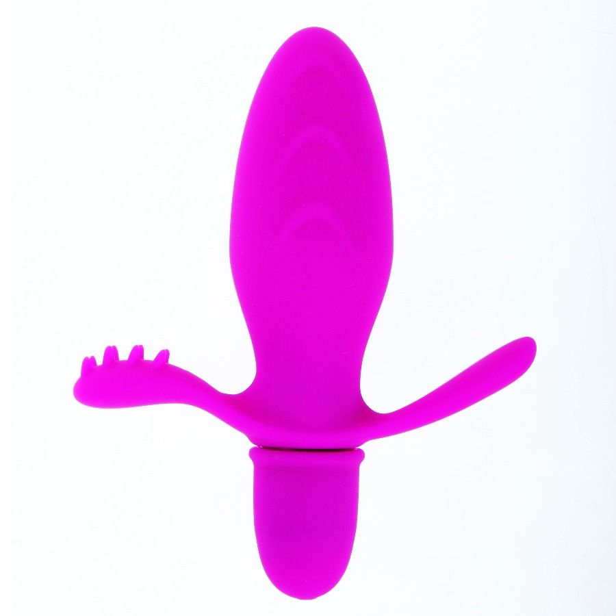 Close-up do Vibrador PRETTY LOVE Fitch, feito de silicone macio, mostrando seu design ergonómico e estimulador clitoriano e perineal.