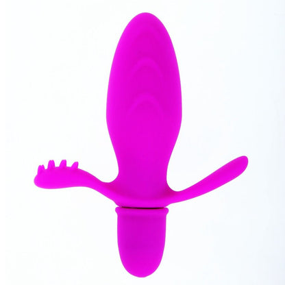 Close-up do Vibrador PRETTY LOVE Fitch, feito de silicone macio, mostrando seu design ergonómico e estimulador clitoriano e perineal.