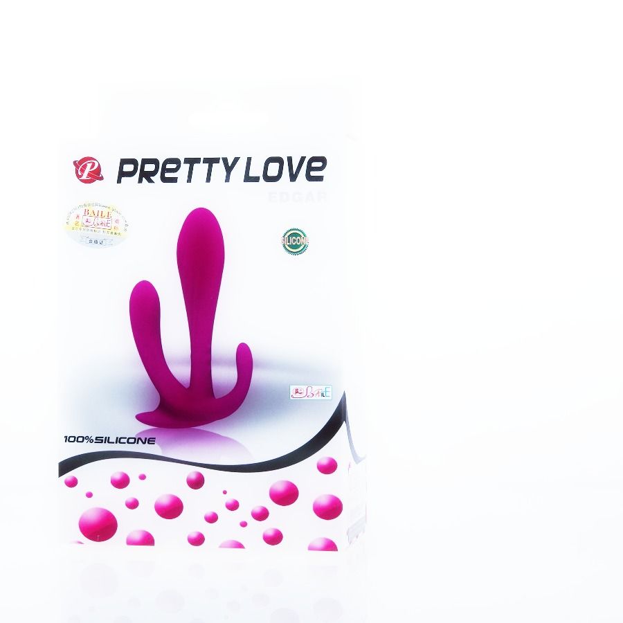 Close-up do Estimulador Duplo Edgar PRETTY LOVE, mostrando seu design ergonómico de silicone para estimulação vaginal e anal.