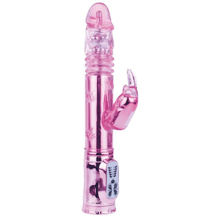 Vibrador BAILE Rotador Bunny Rosa em detalhe, mostrando a ponta rotativa e o estimulador clitoriano.
