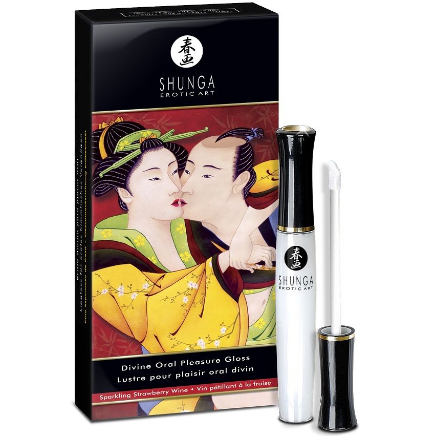 Shunga Lip Gloss Morango e Cava para prazer oral com efeito quente-frio.