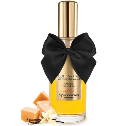 Óleo de massagem BIJOUX com efeito calor e aroma a caramelo 100ml, para momentos sensuais e aquecedores.