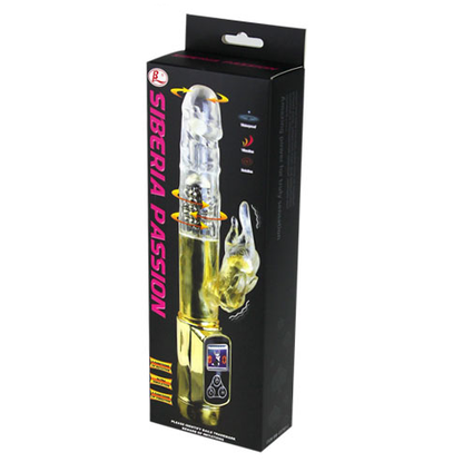 Vibrador Coelho BAILE Paixão Ouro com dupla rotação e estimulador clitoriano para prazer intenso.