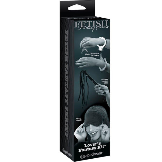 Close-up of the FETISH FANTASY LIMITED EDITION Lovers Fantasy Kit BDSM, showing included handcuffs, whip, and mask.