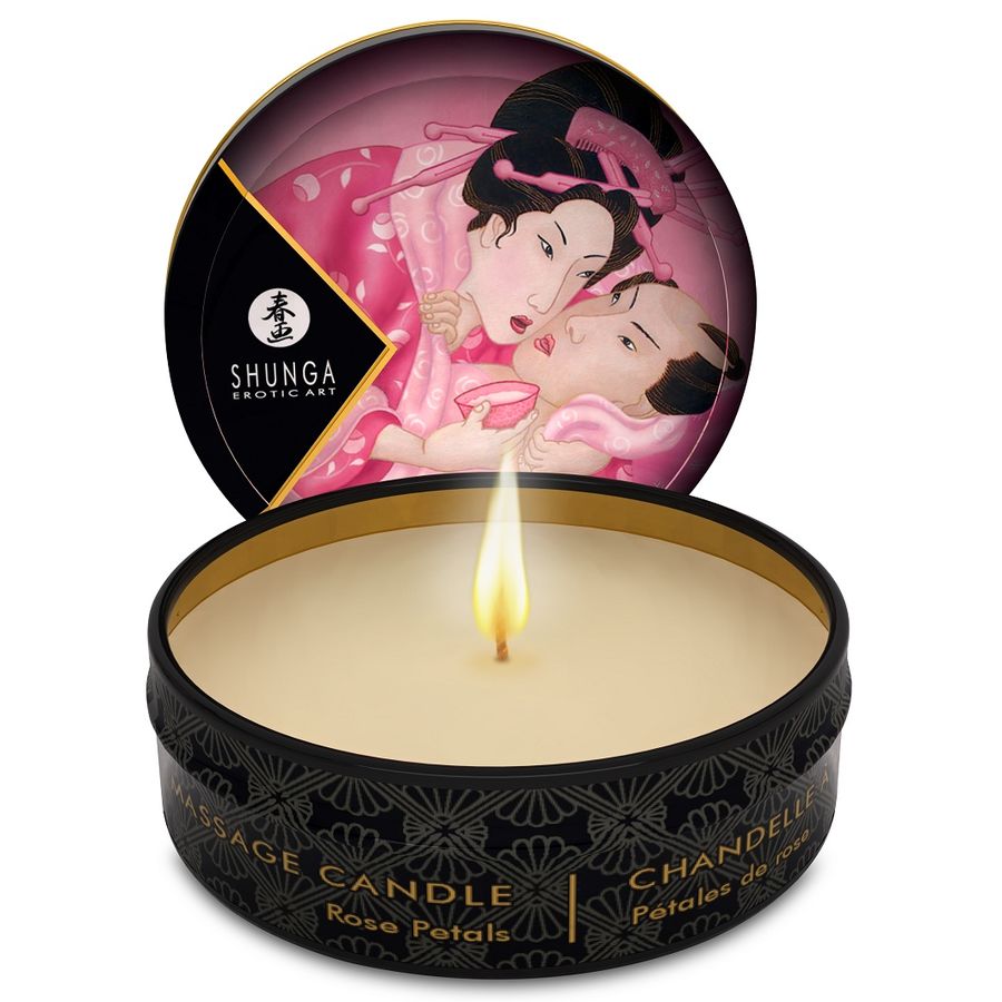Display Shunga Mini Caress com 24 Velas de Massagem, apresentando os diversos aromas e embalagens.