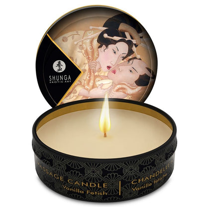 Display Shunga Mini Caress com 24 Velas de Massagem, apresentando os diversos aromas e embalagens.