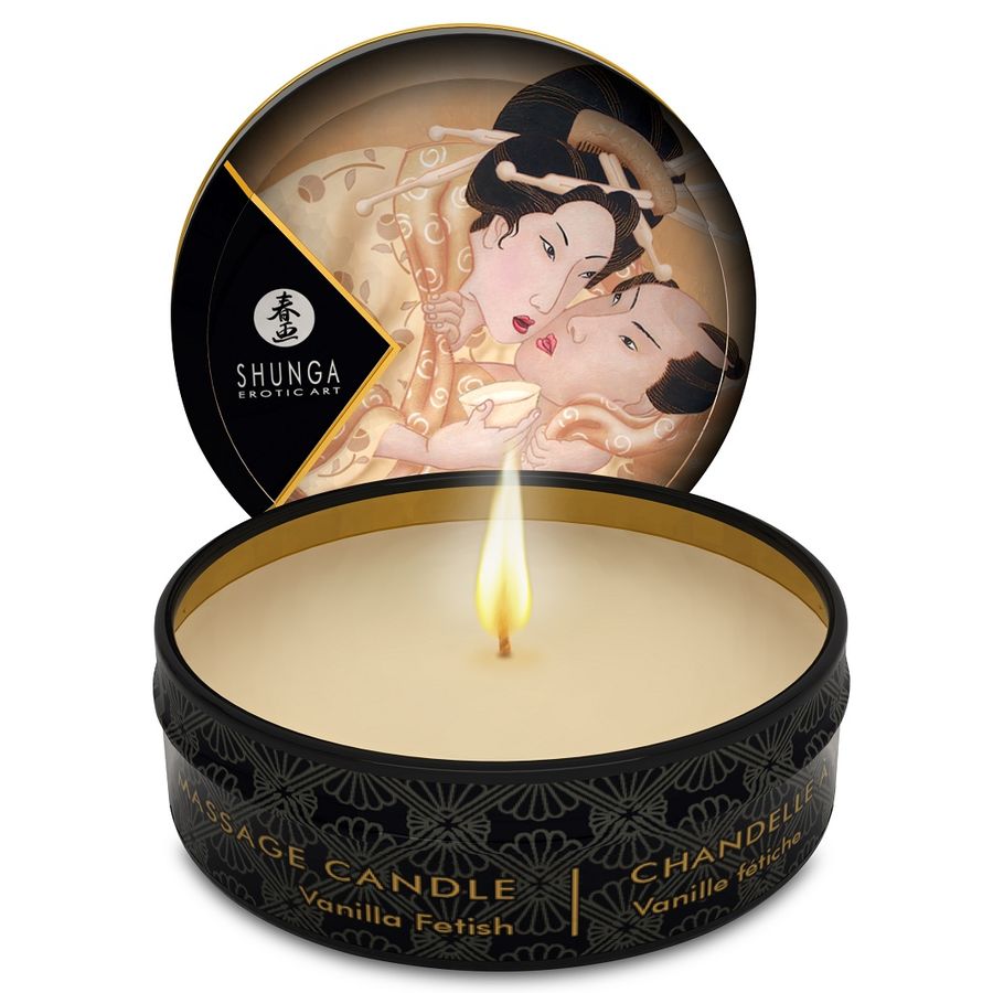 Display Shunga Mini Caress com 24 Velas de Massagem, apresentando os diversos aromas e embalagens.