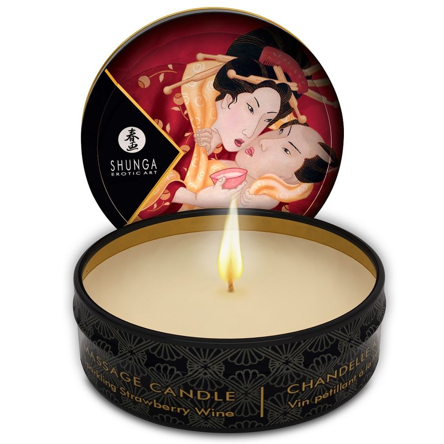 Display Shunga Mini Caress com 24 Velas de Massagem, apresentando os diversos aromas e embalagens.