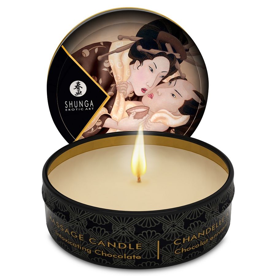 Display Shunga Mini Caress com 24 Velas de Massagem, apresentando os diversos aromas e embalagens.