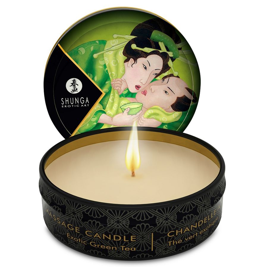 Display Shunga Mini Caress com 24 Velas de Massagem, apresentando os diversos aromas e embalagens.