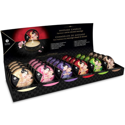 Display Shunga Mini Caress com 24 Velas de Massagem, apresentando os diversos aromas e embalagens.