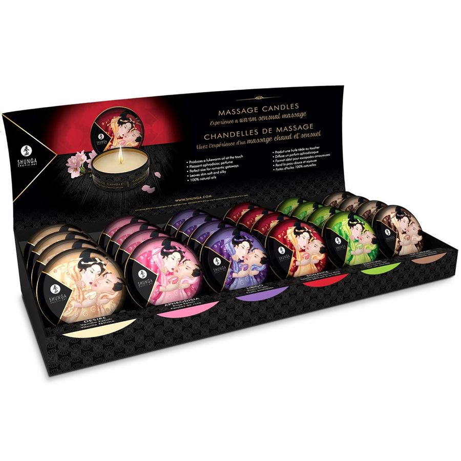 Display Shunga Mini Caress com 24 Velas de Massagem, apresentando os diversos aromas e embalagens.