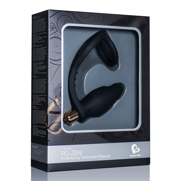 ROCKS-OFF Estimulador Prostático RO-ZEN 7 Velocidades, em silicone médico preto, com detalhes vibratórios.