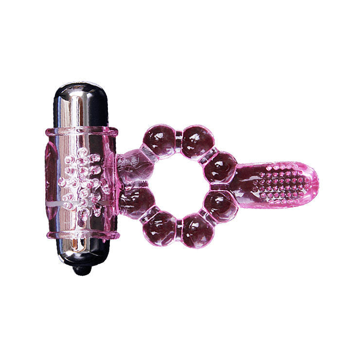 Close-up of the BAILE Anel de Silicone 10 Ritmos de Língua com Vibração Rosa, showing its flexible material and textured stimulators.