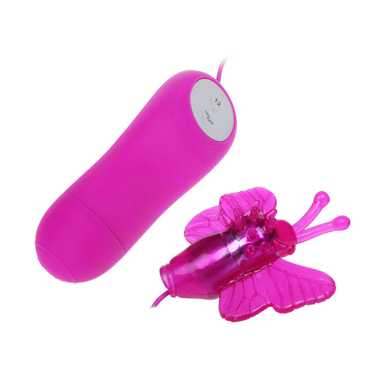 Vibrador estimulador borboleta PRETTY LOVE em silicone, cor lilás, com 12 modos de vibração e controlo com fio.