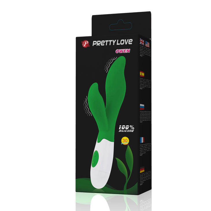 Close-up do PRETTY LOVE Vibrador Owen Verde, destacando seu design ergonômico e cor vibrante.