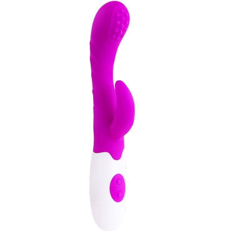 Close-up of the PRETTY LOVE Vibrador Arthur Lilás/Branco, showing its ergonomic design and silicone texture.