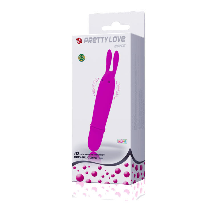 Pretty Love Mini Vibrador Boyce Lilás, detalhe do design ergonómico e material de silicone suave.