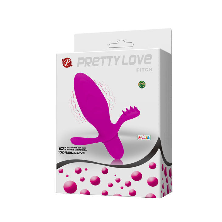Close-up do Vibrador PRETTY LOVE Fitch, feito de silicone macio, mostrando seu design ergonómico e estimulador clitoriano e perineal.