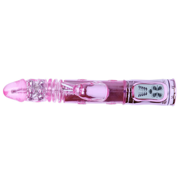 Vibrador BAILE Rotador Bunny Rosa em detalhe, mostrando a ponta rotativa e o estimulador clitoriano.