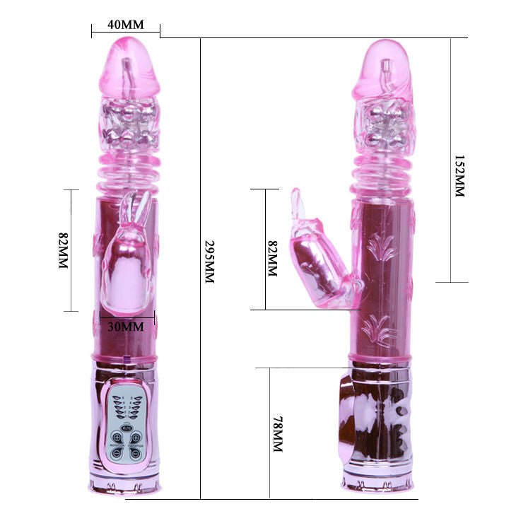 Vibrador BAILE Rotador Bunny Rosa em detalhe, mostrando a ponta rotativa e o estimulador clitoriano.