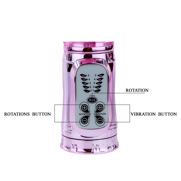 Vibrador BAILE Rotador Bunny Rosa em detalhe, mostrando a ponta rotativa e o estimulador clitoriano.