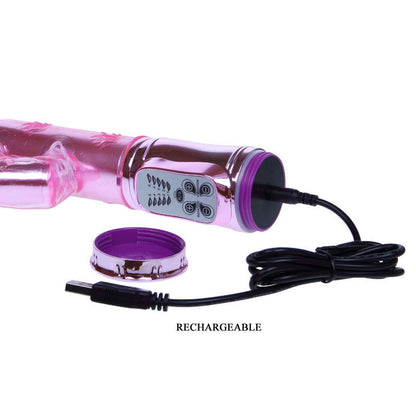 Vibrador BAILE Rotador Bunny Rosa em detalhe, mostrando a ponta rotativa e o estimulador clitoriano.