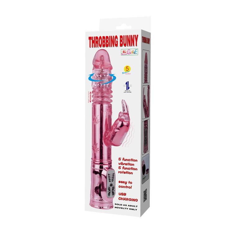 Vibrador BAILE Rotador Bunny Rosa em detalhe, mostrando a ponta rotativa e o estimulador clitoriano.