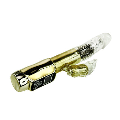 Vibrador Coelho BAILE Paixão Ouro com dupla rotação e estimulador clitoriano para prazer intenso.