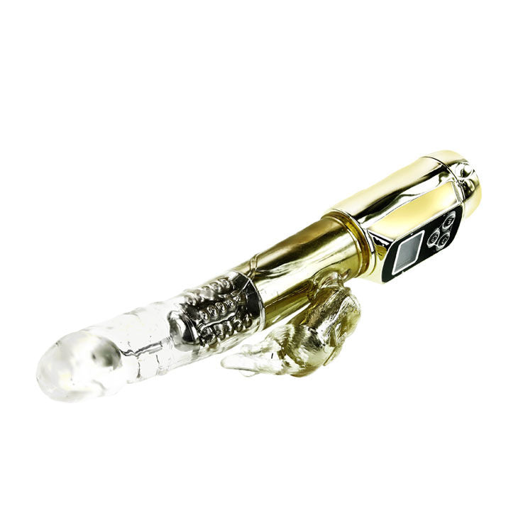 Vibrador Coelho BAILE Paixão Ouro com dupla rotação e estimulador clitoriano para prazer intenso.