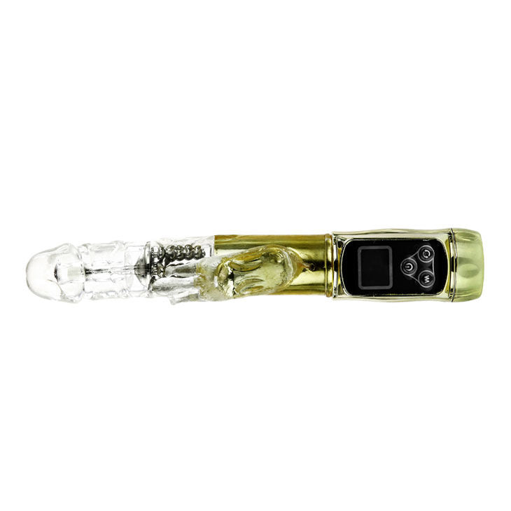 Vibrador Coelho BAILE Paixão Ouro com dupla rotação e estimulador clitoriano para prazer intenso.