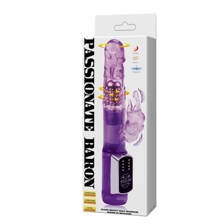 Close-up do Vibrador Rabbit Passion Baron da BAILE, mostrando o design ergonómico, estimulador clitoriano e material suave de silicone.