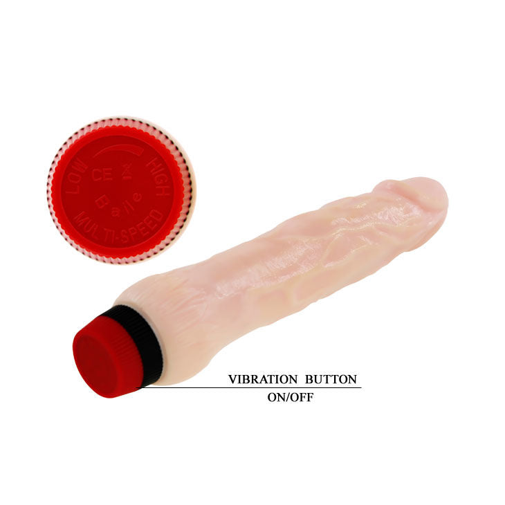 Close-up do vibrador BAILE Rockin Dong Cyber Skin II, mostrando sua textura realista e detalhes.