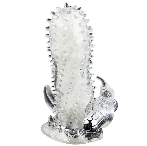 Capa vibratória para pénis BAILE Brave Man Coelho Extenso, mostrando as saliências e o estimulador.
