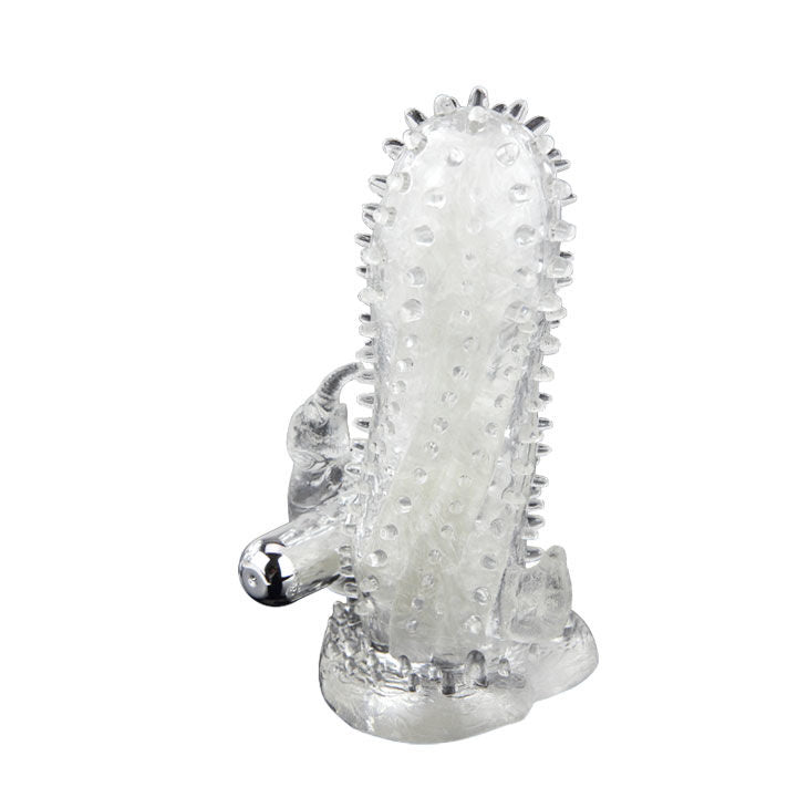 Capa vibratória para pénis BAILE Brave Man Coelho Extenso, mostrando as saliências e o estimulador.