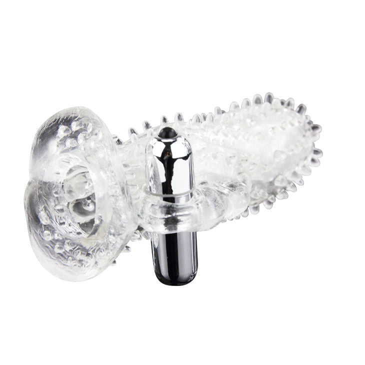 Capa vibratória para pénis BAILE Brave Man Coelho Extenso, mostrando as saliências e o estimulador.