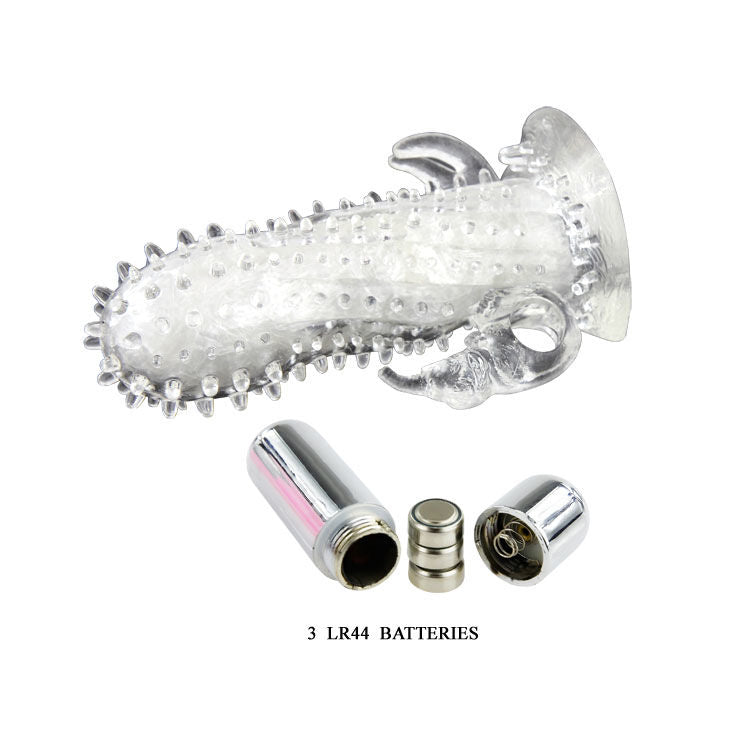 Capa vibratória para pénis BAILE Brave Man Coelho Extenso, mostrando as saliências e o estimulador.