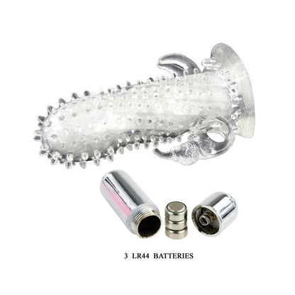 Capa vibratória para pénis BAILE Brave Man Coelho Extenso, mostrando as saliências e o estimulador.